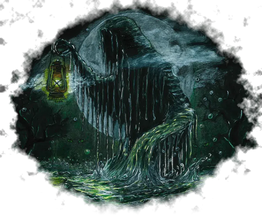 A lantern-bearing figure rising out of black swamp water, painted by Brian Lowe